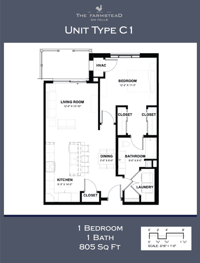 Unit Type C1 1 Bedroom 1 Bath 805 Sq Ft