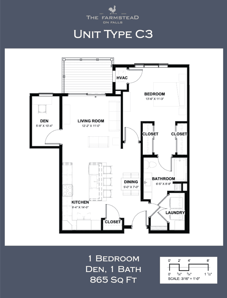 Unit Type C3 1 Bedroom, Den, 1 Bath 865 Sq Ft