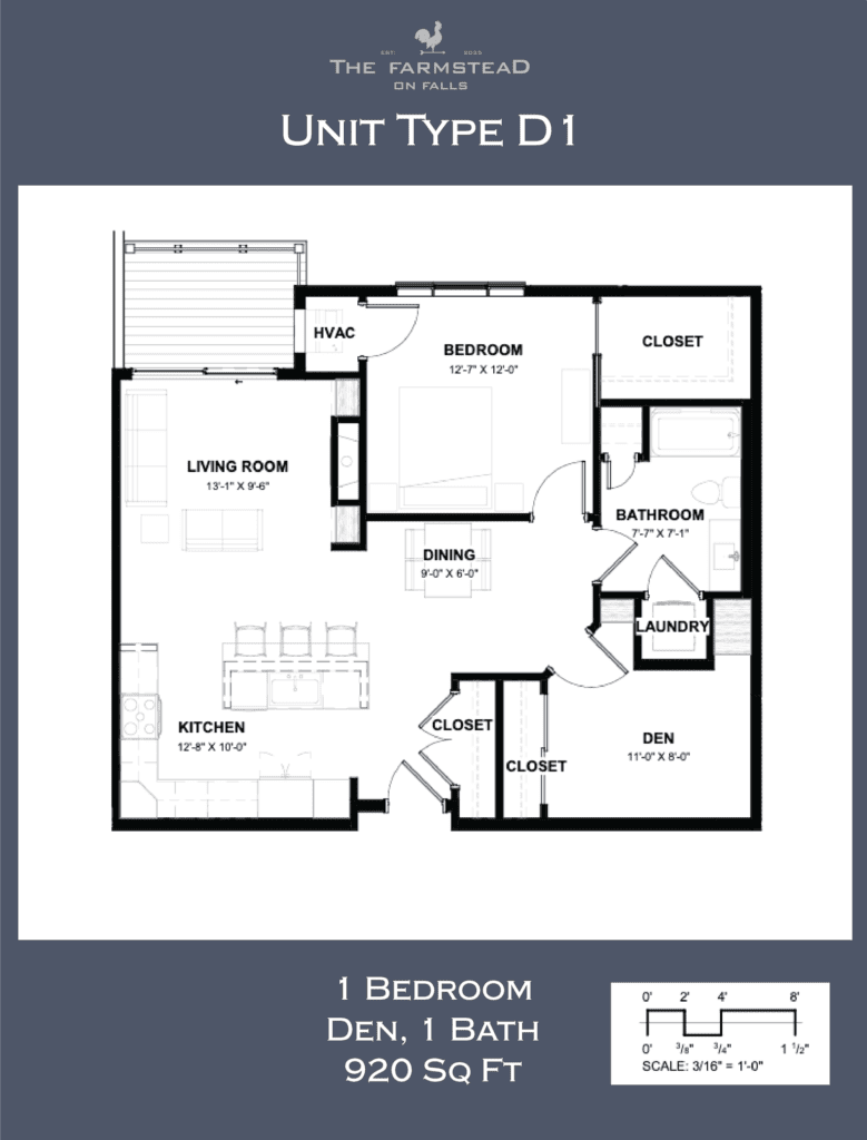 Unit Type D1 1 Bedroom, Den, 1 Bath 920 Sq Ft