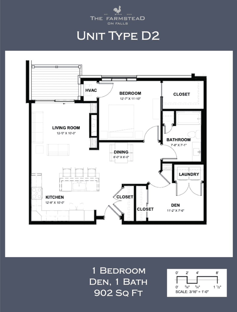 Unit Type D2 1 Bedroom, Den, 1 Bath 902 Sq Ft