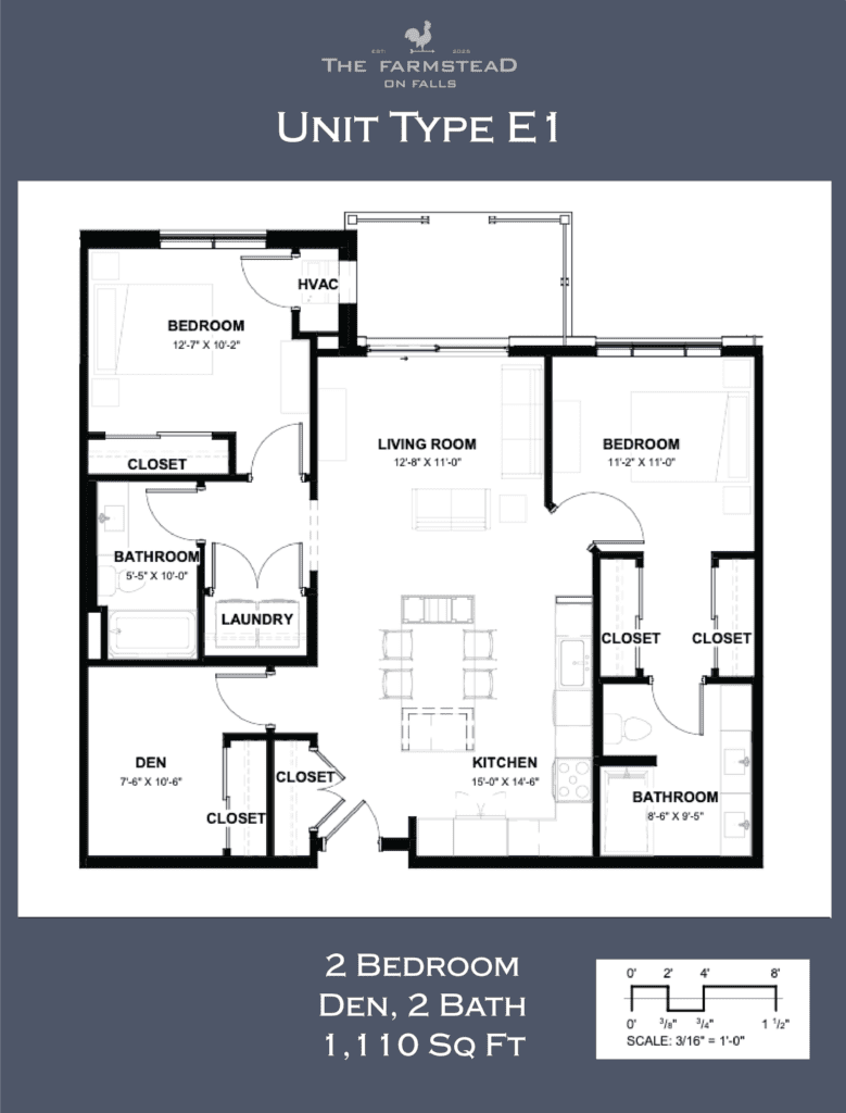 Unit Type E1 2 Bedroom, Den, 2 Bath 1,110 Sq Ft