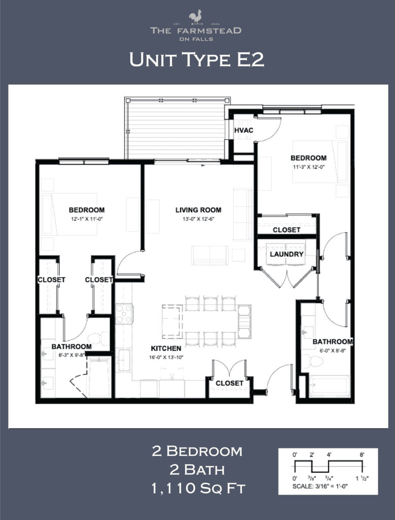 Unit Type E2 2 Bedroom, 2 Bath 1,110 Sq Ft