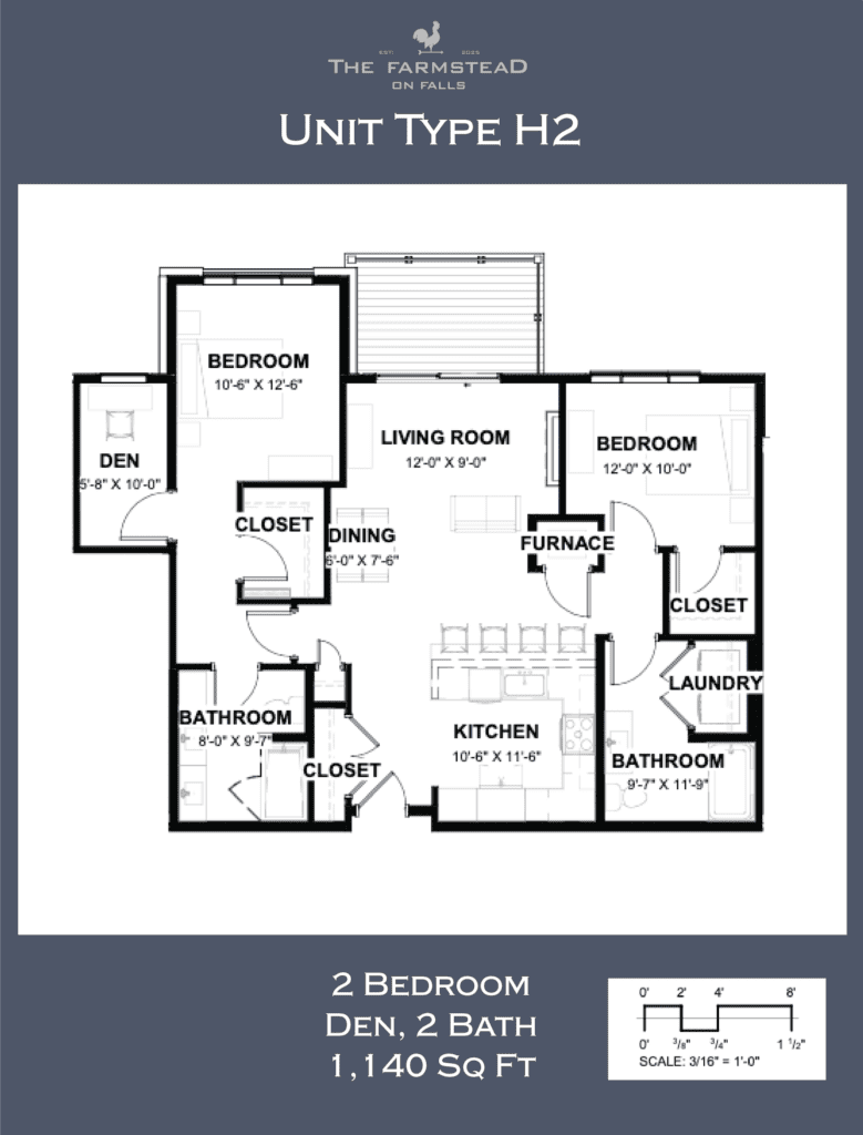 Unit Type H2 2 Bedroom, Den, 2 Bath 1,140 Sq Ft